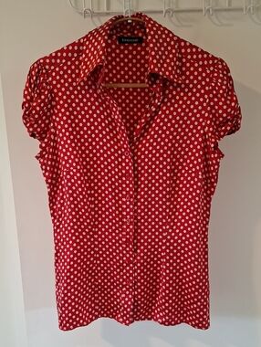 Bebe Vintage Y2K Red & Tan Polka Dot Retro Feminine Stretch Silk Shirt (Size S)